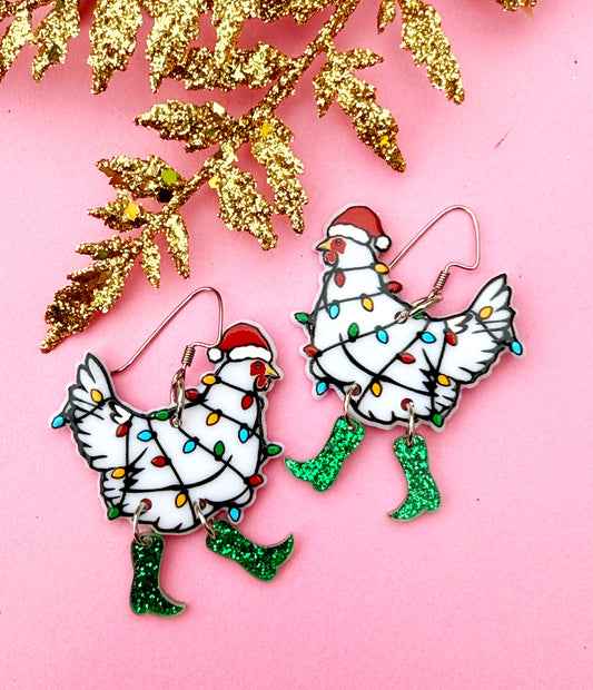 Festive Chicken Earrings – Holiday Hen Dangles Wrapped in Christmas Lights | Luna B Jewelry