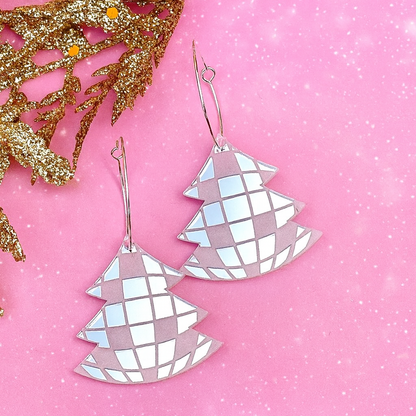 Disco Ball Christmas Tree Earrings – Mirrored Acrylic Holiday Dangles | Luna B Jewelry