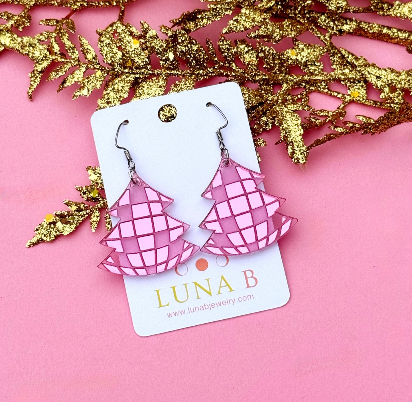 Disco Ball Christmas Tree Earrings – Mirrored Acrylic Holiday Dangles | Luna B Jewelry