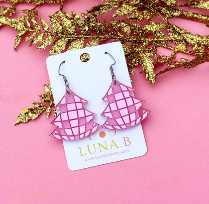 Disco Ball Christmas Tree Earrings – Mirrored Acrylic Holiday Dangles | Luna B Jewelry