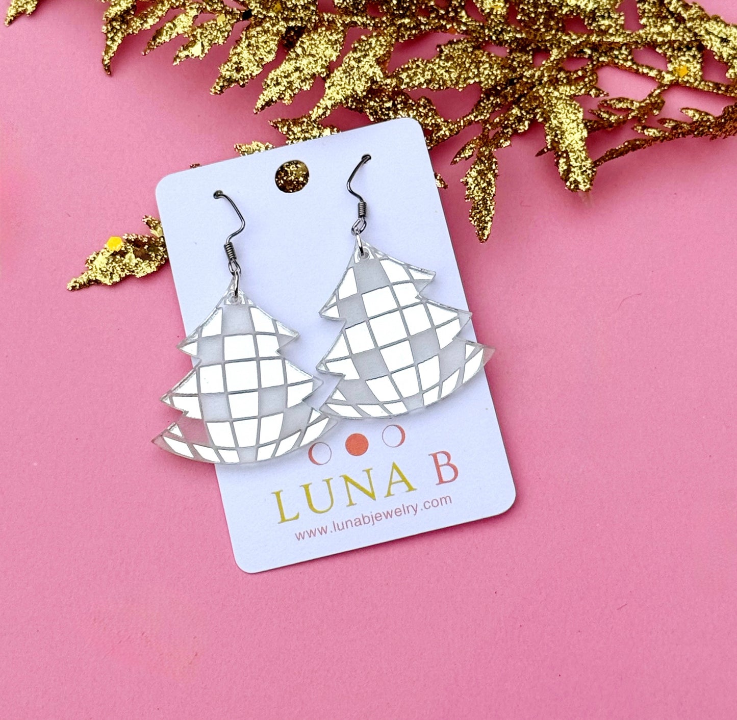 Disco Ball Christmas Tree Earrings – Mirrored Acrylic Holiday Dangles | Luna B Jewelry