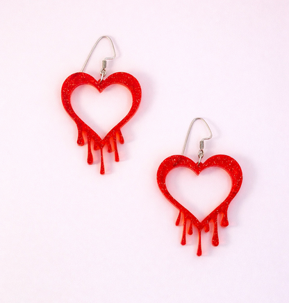 Red Glitter Drippy Heart Earrings