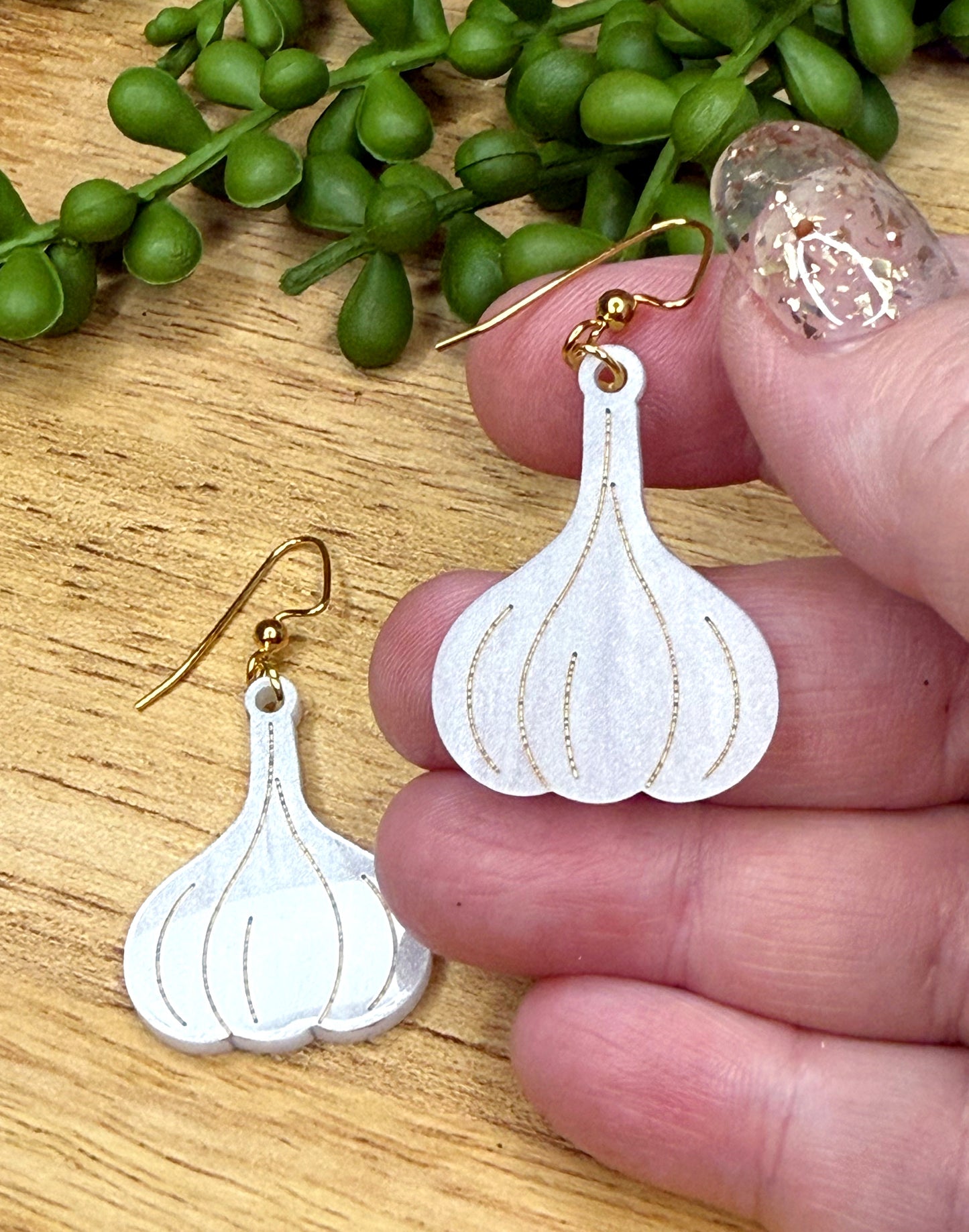 Garlic Earrings – Glittery White Acrylic Dangles | Snack Attack Collection | Luna B Jewelry