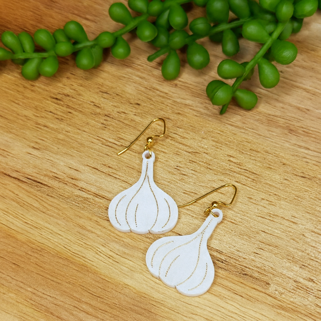 Garlic Earrings – Glittery White Acrylic Dangles | Snack Attack Collection | Luna B Jewelry