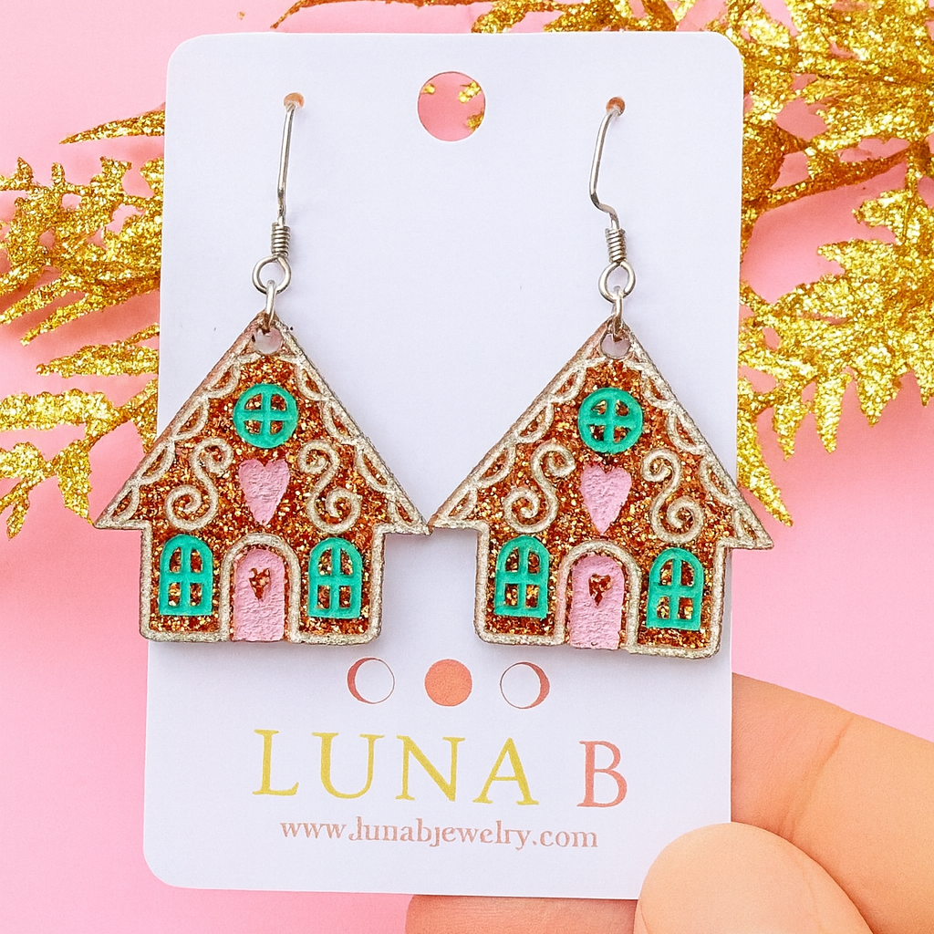Gingerbread House Earrings – Glitter Candy Cottage Holiday Dangles | Luna B Jewelry