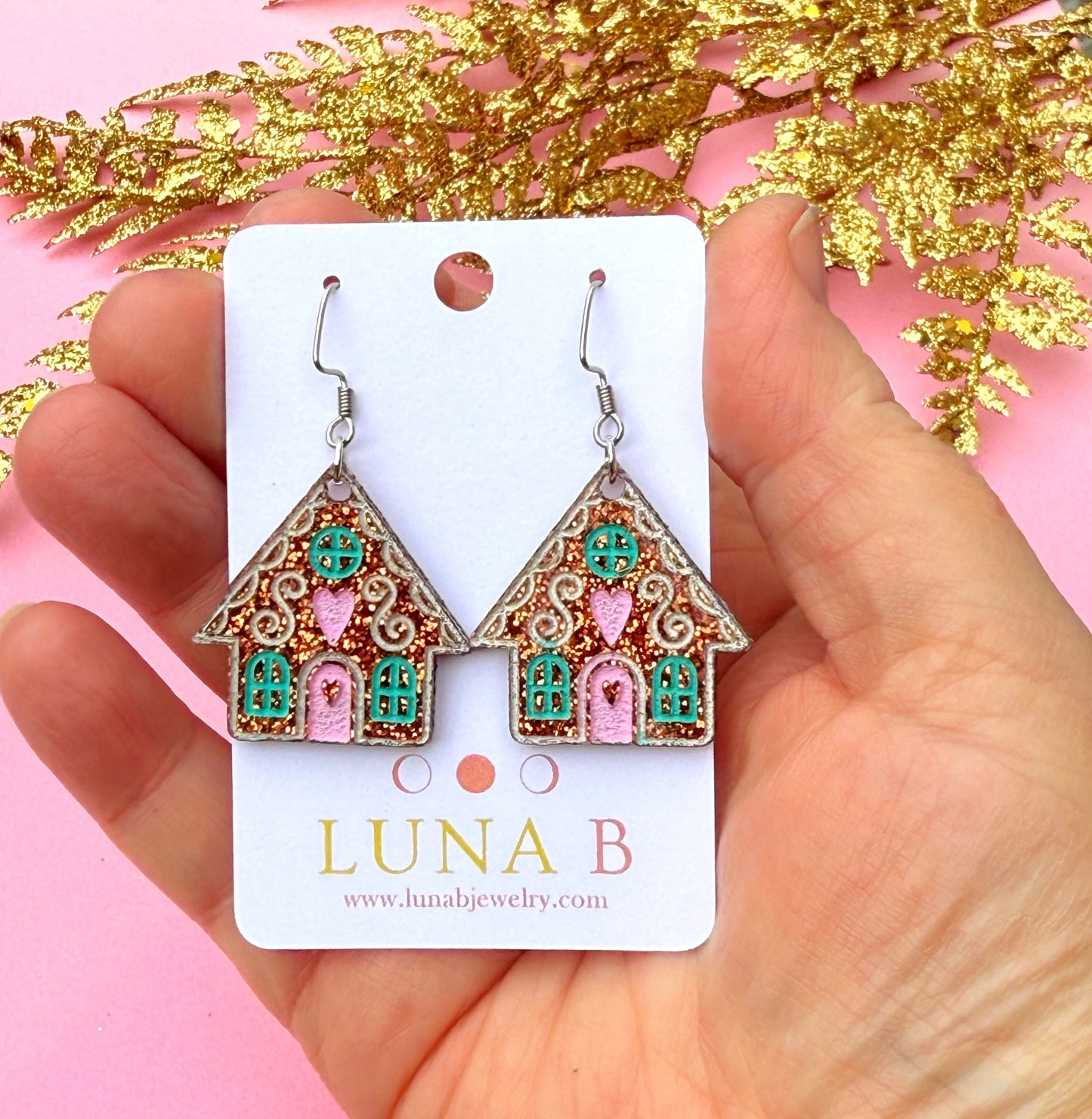 Gingerbread House Earrings – Glitter Candy Cottage Holiday Dangles | Luna B Jewelry