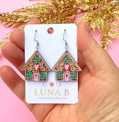 Gingerbread House Earrings – Glitter Candy Cottage Holiday Dangles | Luna B Jewelry