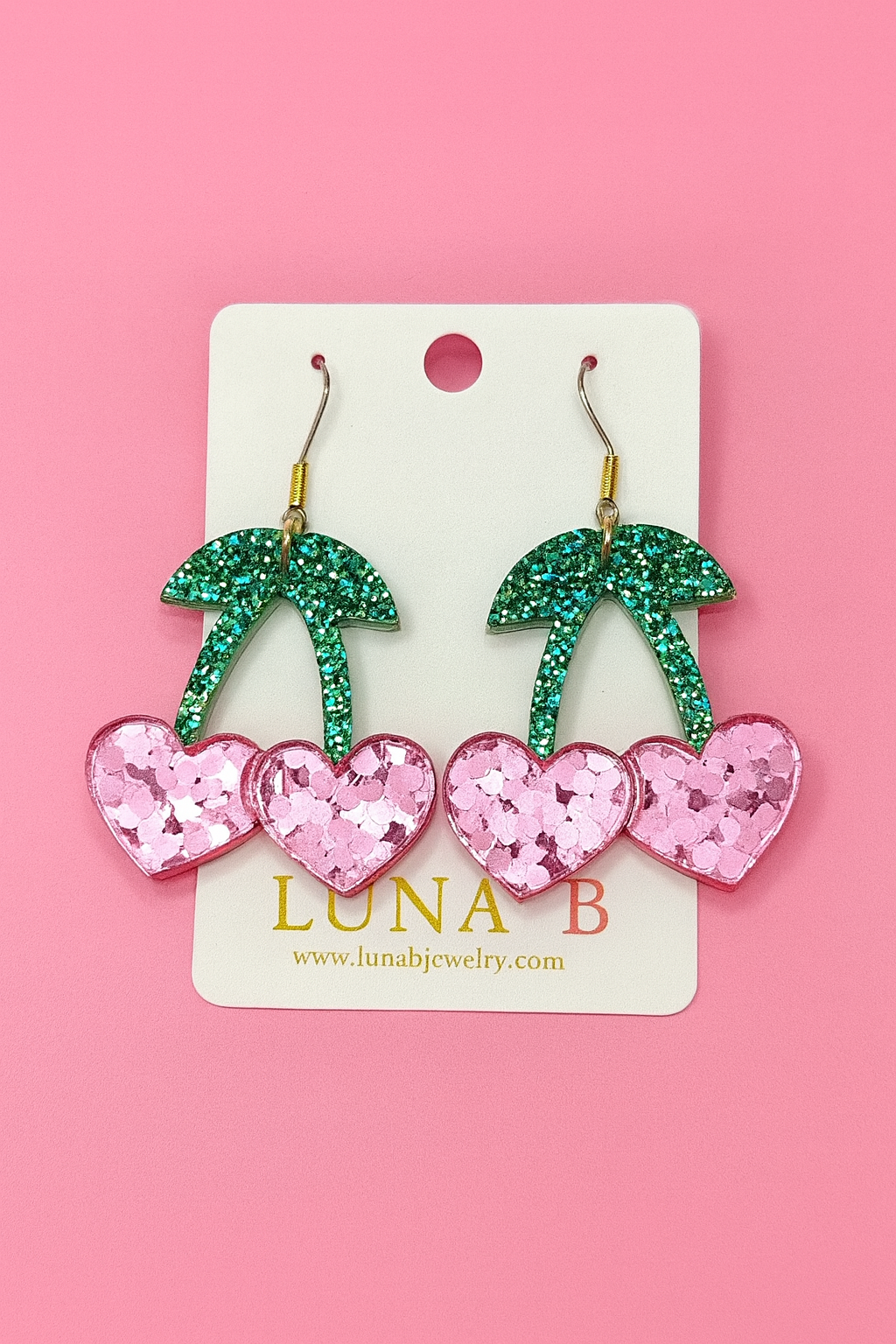 Sparkly Heart Cherry Earrings – Glitter Pink & Green Acrylic Dangles | Luna B Jewelry