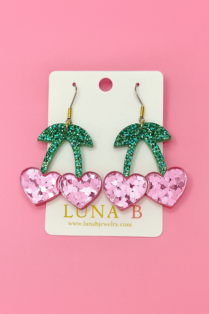 Sparkly Heart Cherry Earrings – Glitter Pink & Green Acrylic Dangles | Luna B Jewelry