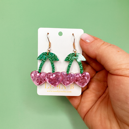 Sparkly Heart Cherry Earrings – Glitter Pink & Green Acrylic Dangles | Luna B Jewelry