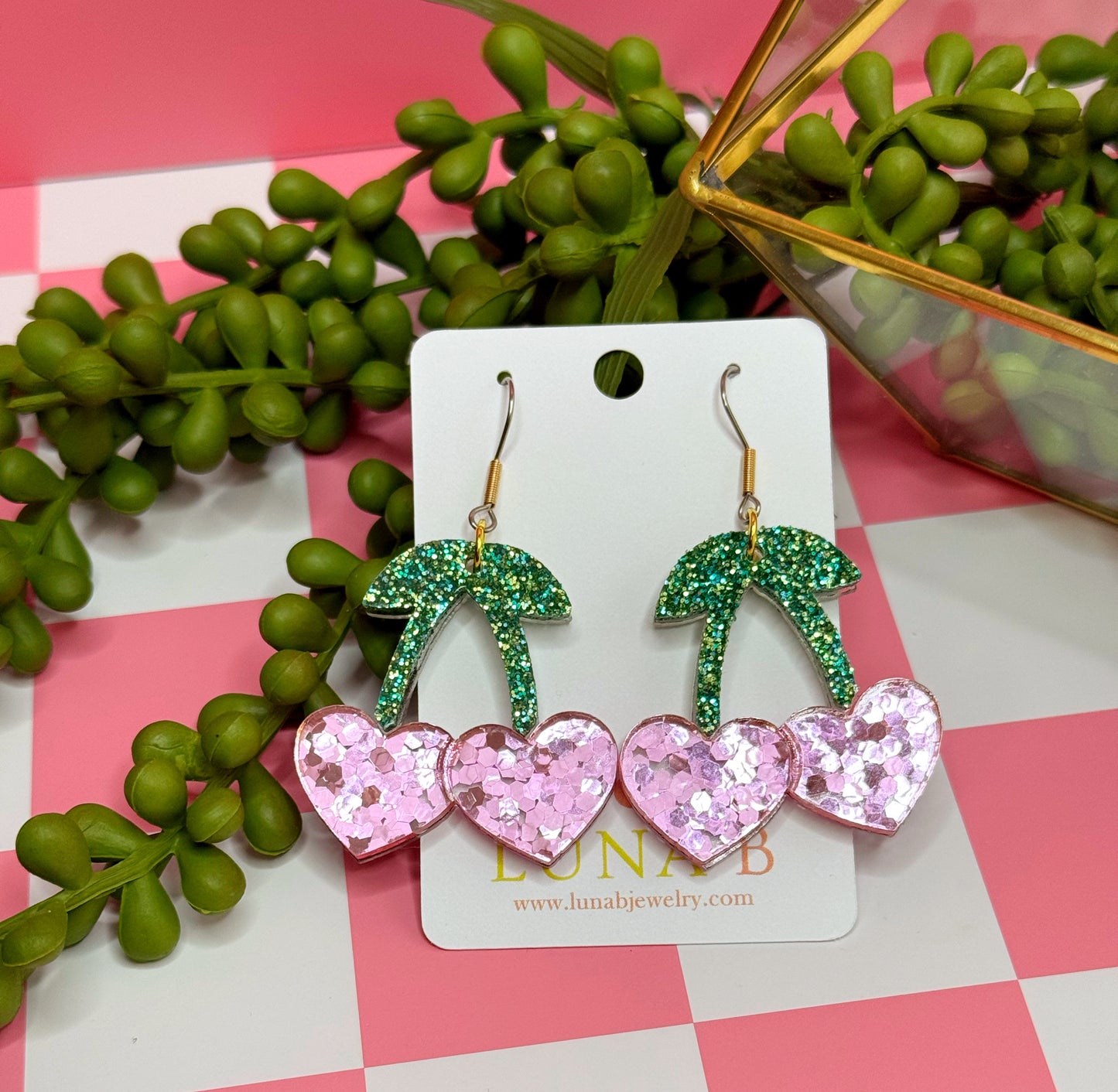 Sparkly Heart Cherry Earrings – Glitter Pink & Green Acrylic Dangles | Luna B Jewelry