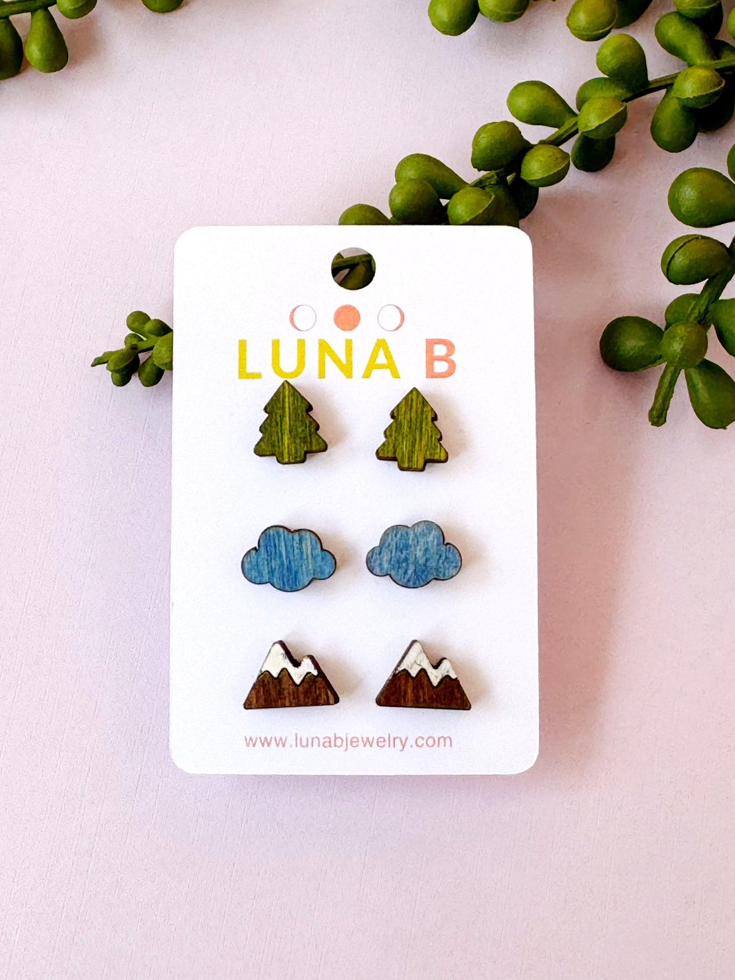 PNW Adventure Stud Earrings Set – Trees, Clouds & Mountains | Laser Cut Wooden Jewelry