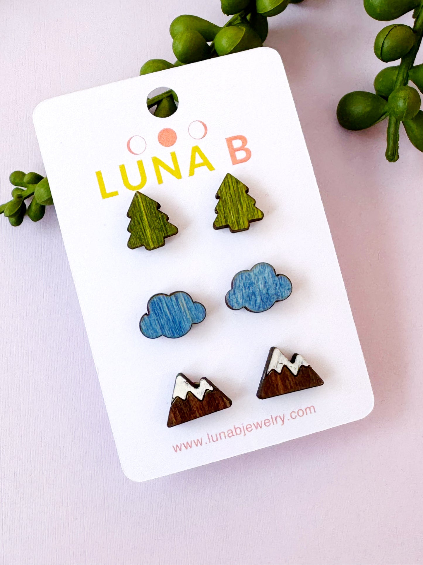 PNW Adventure Stud Earrings Set – Trees, Clouds & Mountains | Laser Cut Wooden Jewelry