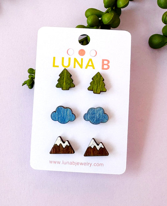 PNW Adventure Stud Earrings Set – Trees, Clouds & Mountains | Laser Cut Wooden Jewelry