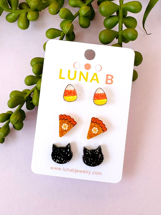 Halloween Stud Earrings Set – Candy Corn, Pumpkin Pie & Black Cat | Handmade Glitter Acrylic
