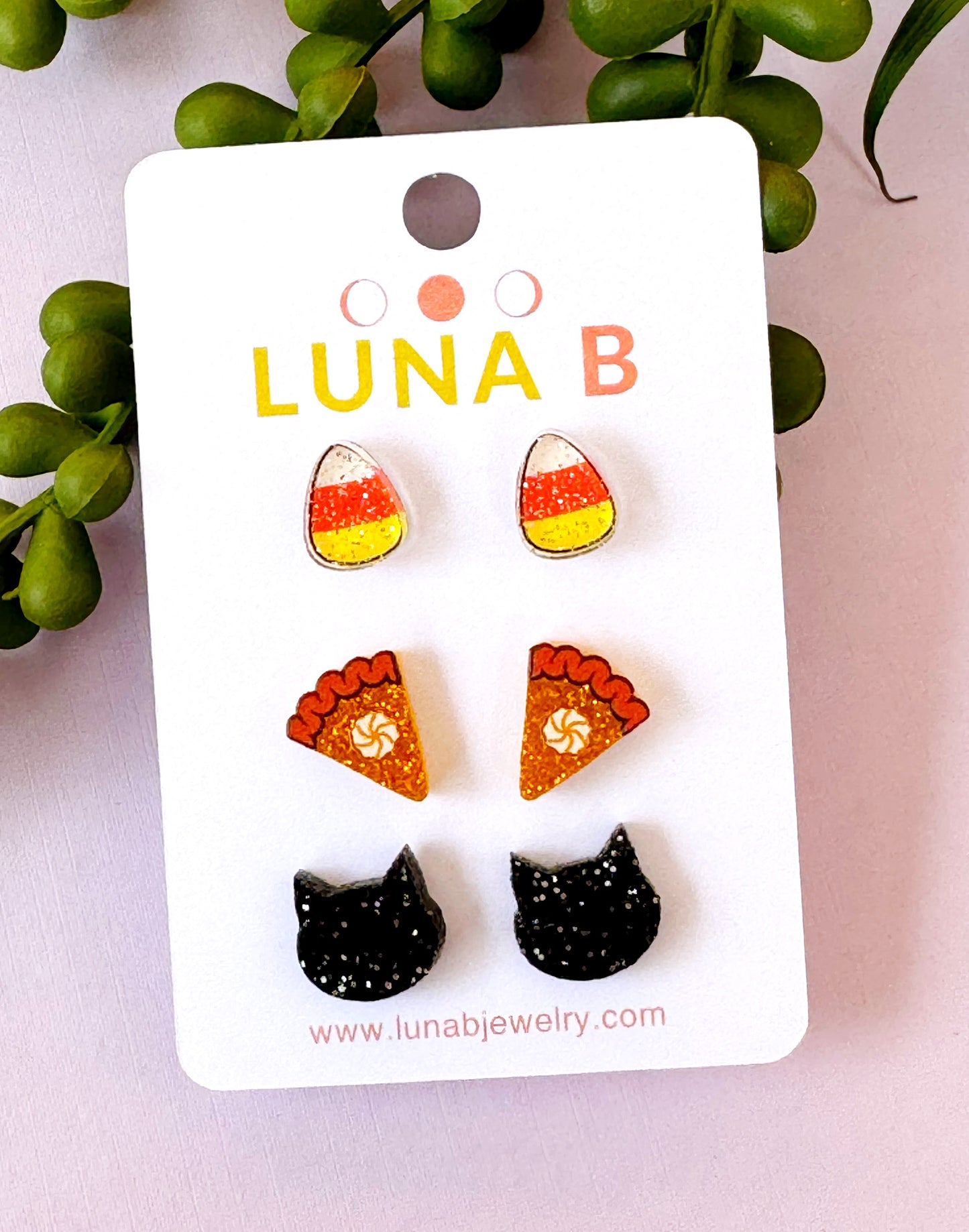Halloween Stud Earrings Set – Candy Corn, Pumpkin Pie & Black Cat | Handmade Glitter Acrylic
