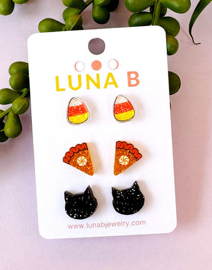 Halloween Stud Earrings Set – Candy Corn, Pumpkin Pie & Black Cat | Handmade Glitter Acrylic