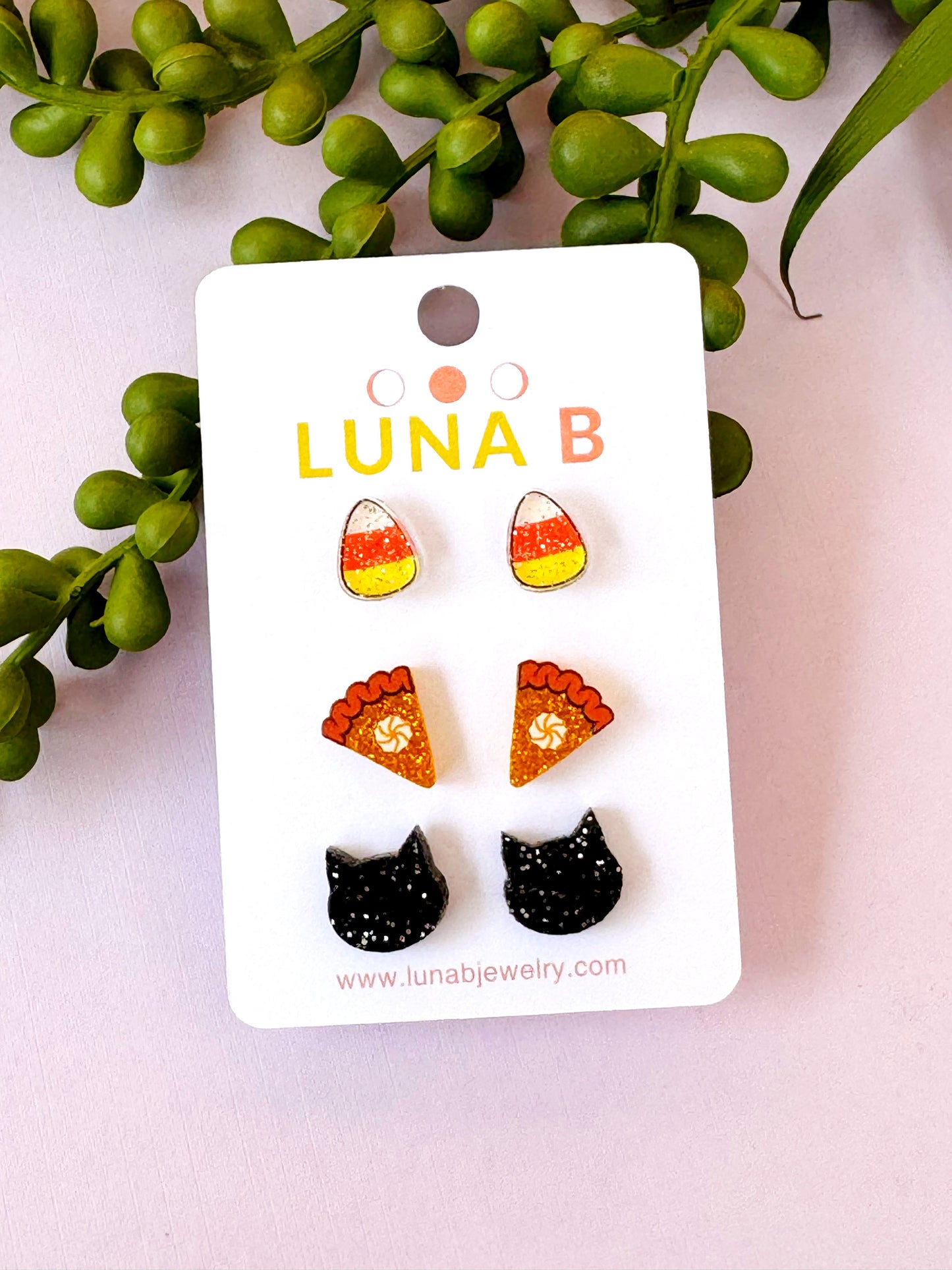 Halloween Stud Earrings Set – Candy Corn, Pumpkin Pie & Black Cat | Handmade Glitter Acrylic