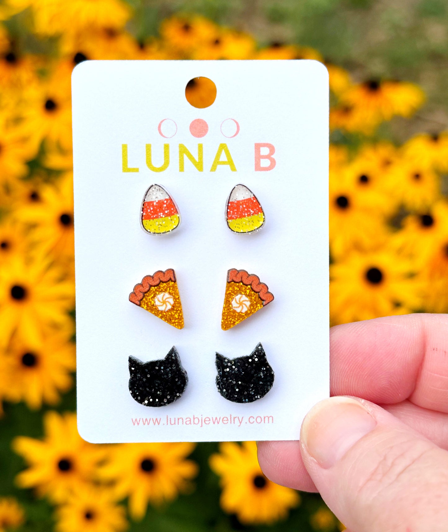 Halloween Stud Earrings Set – Candy Corn, Pumpkin Pie & Black Cat | Handmade Glitter Acrylic