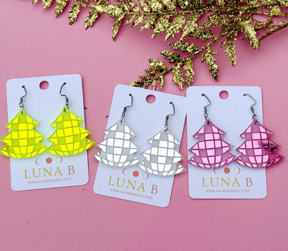 Disco Ball Christmas Tree Earrings – Mirrored Acrylic Holiday Dangles | Luna B Jewelry