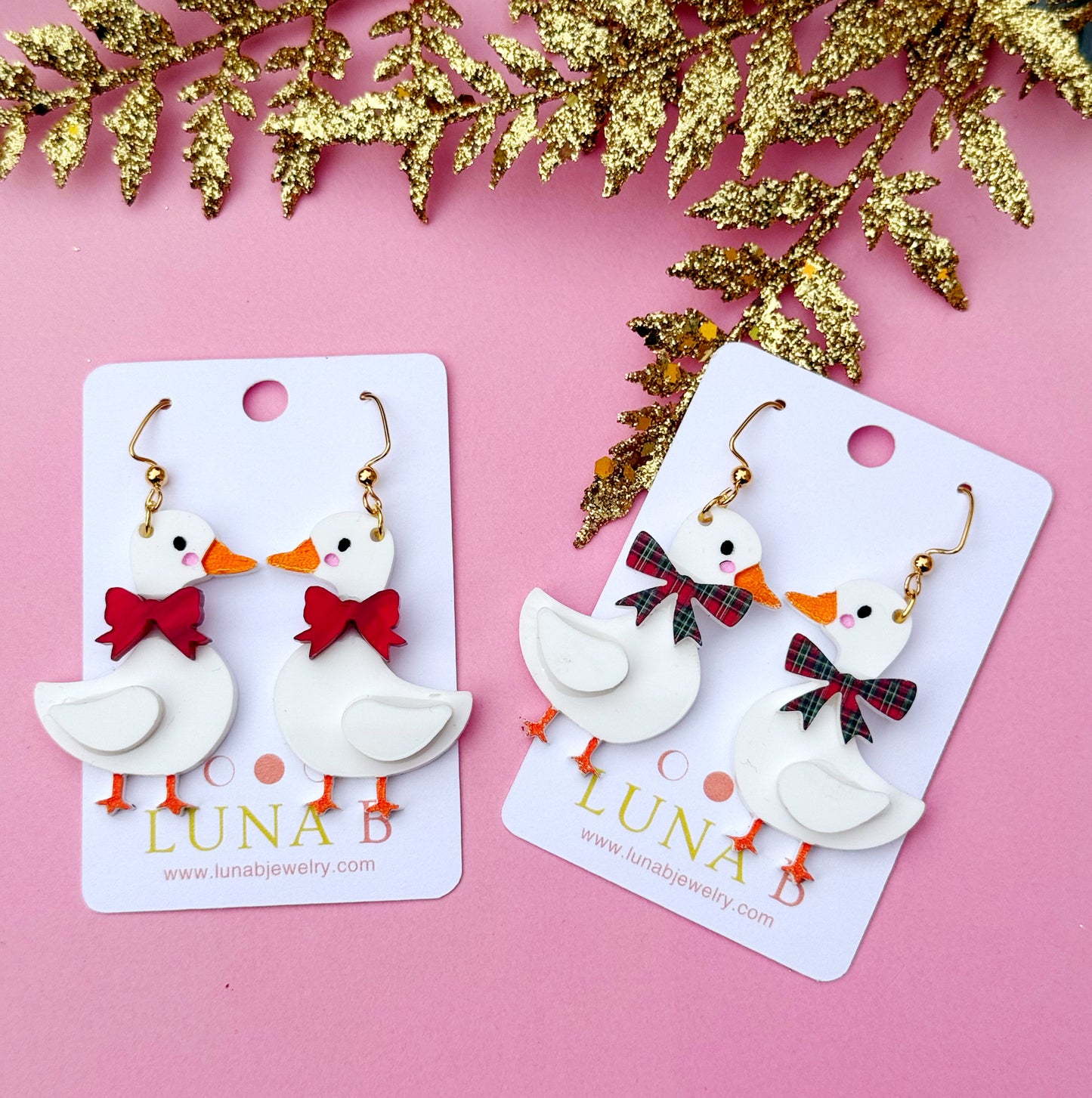 Holiday Duck Earrings – Festive Bow Acrylic Dangles | Luna B Jewelry