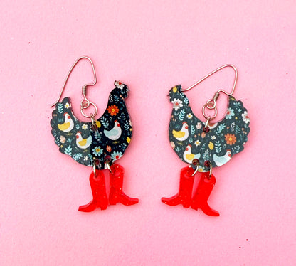 Everyday Chicken Earrings – Folk Floral Hen Dangles with Red Boots | Luna B Jewelry