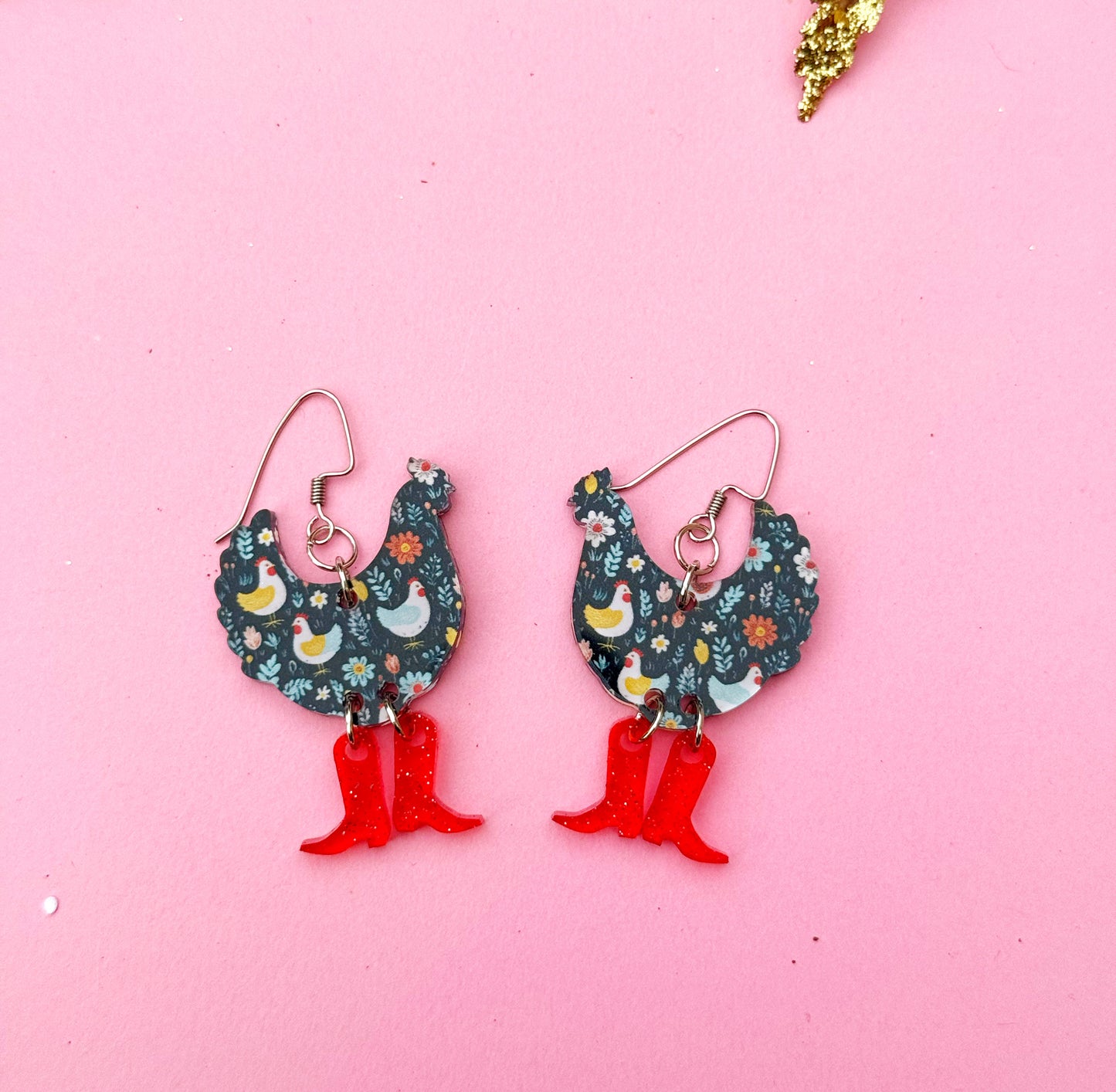 Everyday Chicken Earrings – Folk Floral Hen Dangles with Red Boots | Luna B Jewelry