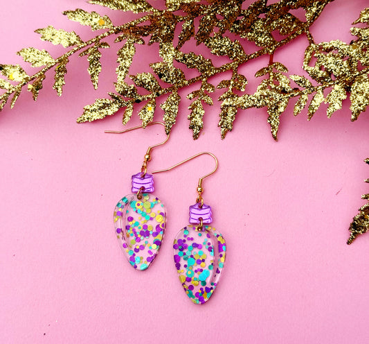 Purple Confetti Sparkle Bulb Earrings – Pastel Glitter Acrylic Dangles | Luna B Jewelry