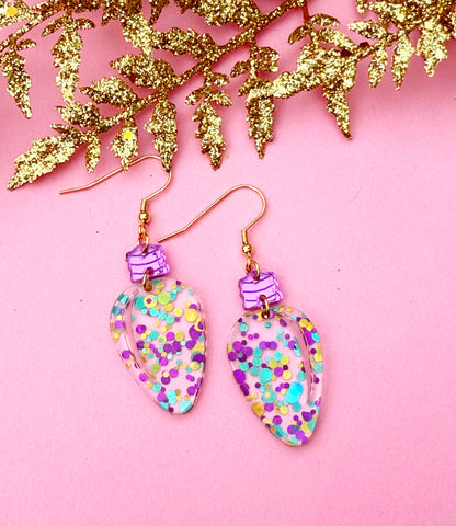Purple Confetti Sparkle Bulb Earrings – Pastel Glitter Acrylic Dangles | Luna B Jewelry