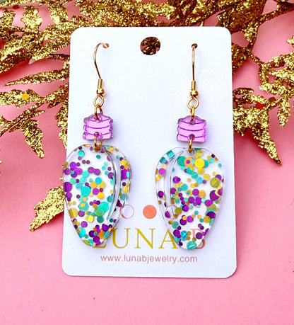 Purple Confetti Sparkle Bulb Earrings – Pastel Glitter Acrylic Dangles | Luna B Jewelry