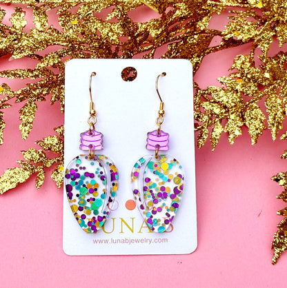 Purple Confetti Sparkle Bulb Earrings – Pastel Glitter Acrylic Dangles | Luna B Jewelry