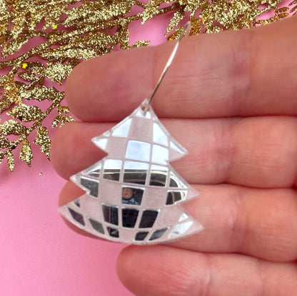 Disco Ball Christmas Tree Earrings – Mirrored Acrylic Holiday Dangles | Luna B Jewelry