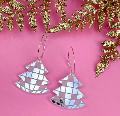 Disco Ball Christmas Tree Earrings – Mirrored Acrylic Holiday Dangles | Luna B Jewelry