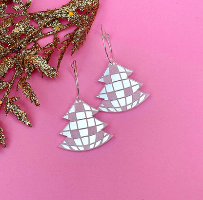 Disco Ball Christmas Tree Earrings – Mirrored Acrylic Holiday Dangles | Luna B Jewelry
