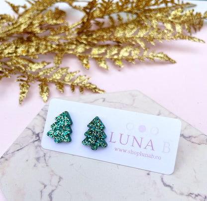 Glittery Green Christmas Tree Stud Earrings