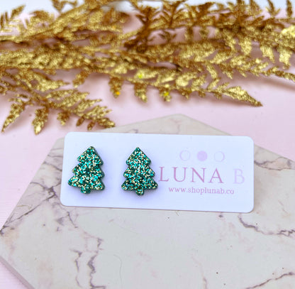 Glittery Green Christmas Tree Stud Earrings