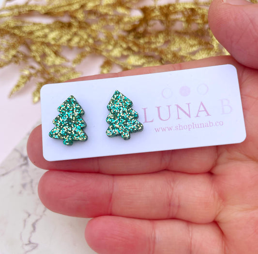 Glittery Green Christmas Tree Stud Earrings