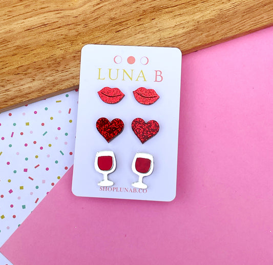 Valentine's Day Three Pack of Stud Earrings - Lips, Hearts, Red Wine