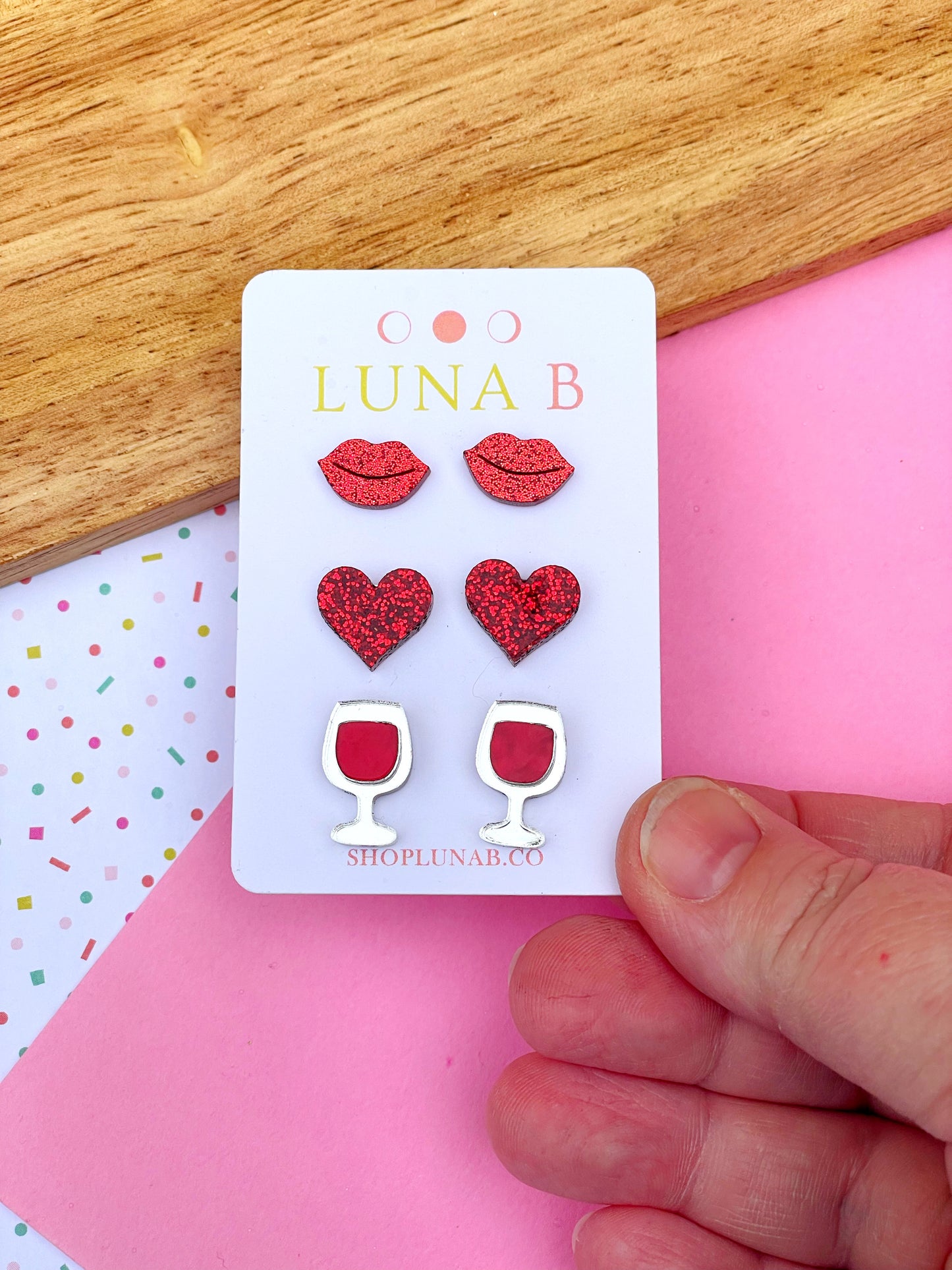 Valentine's Day Three Pack of Stud Earrings - Lips, Hearts, Red Wine