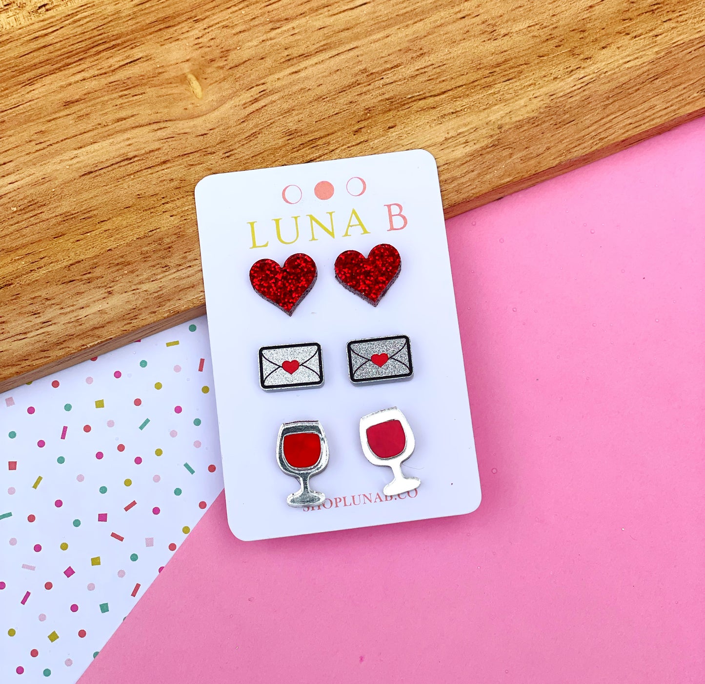 Valentine's Day Three Pack of Stud Earrings - Hearts, Love Letters, Red Wine