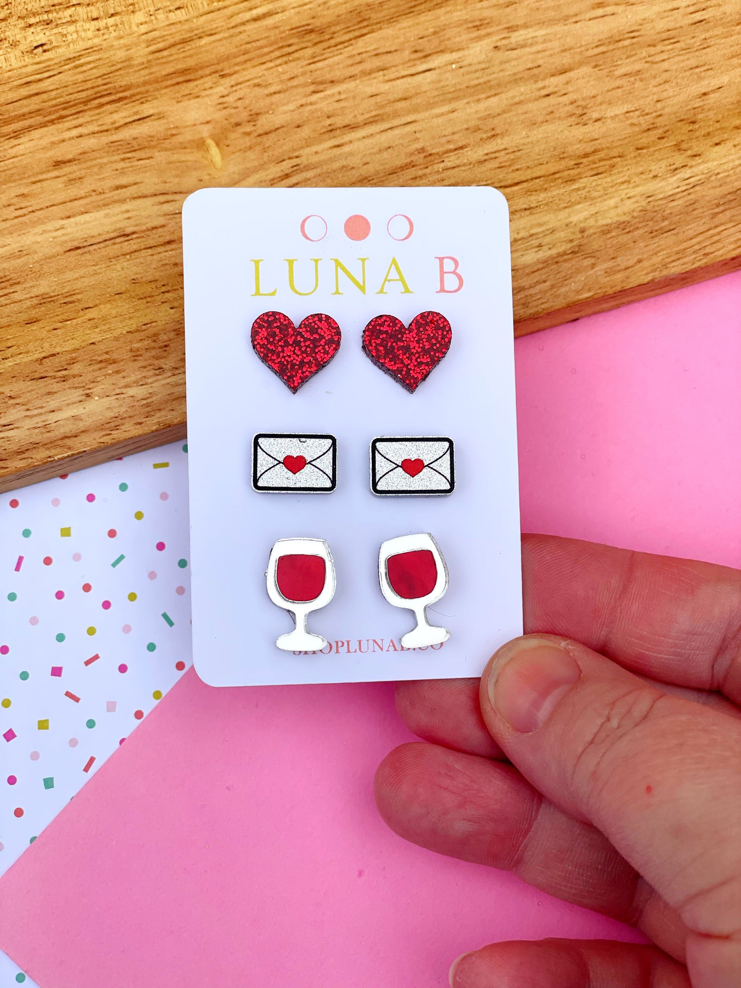 Valentine's Day Three Pack of Stud Earrings - Hearts, Love Letters, Red Wine