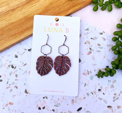 Monstera Leaves in Wood Earrings