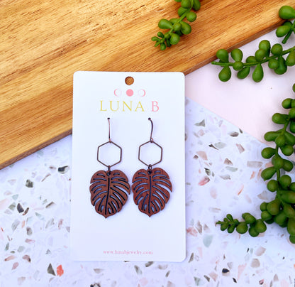 Monstera Leaves in Wood Earrings