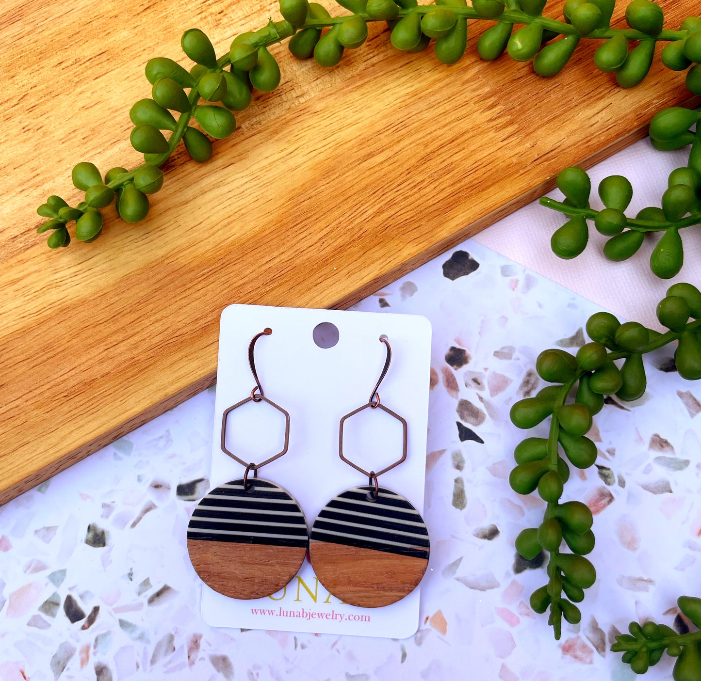 Striped Circle + Hexagon Earrings