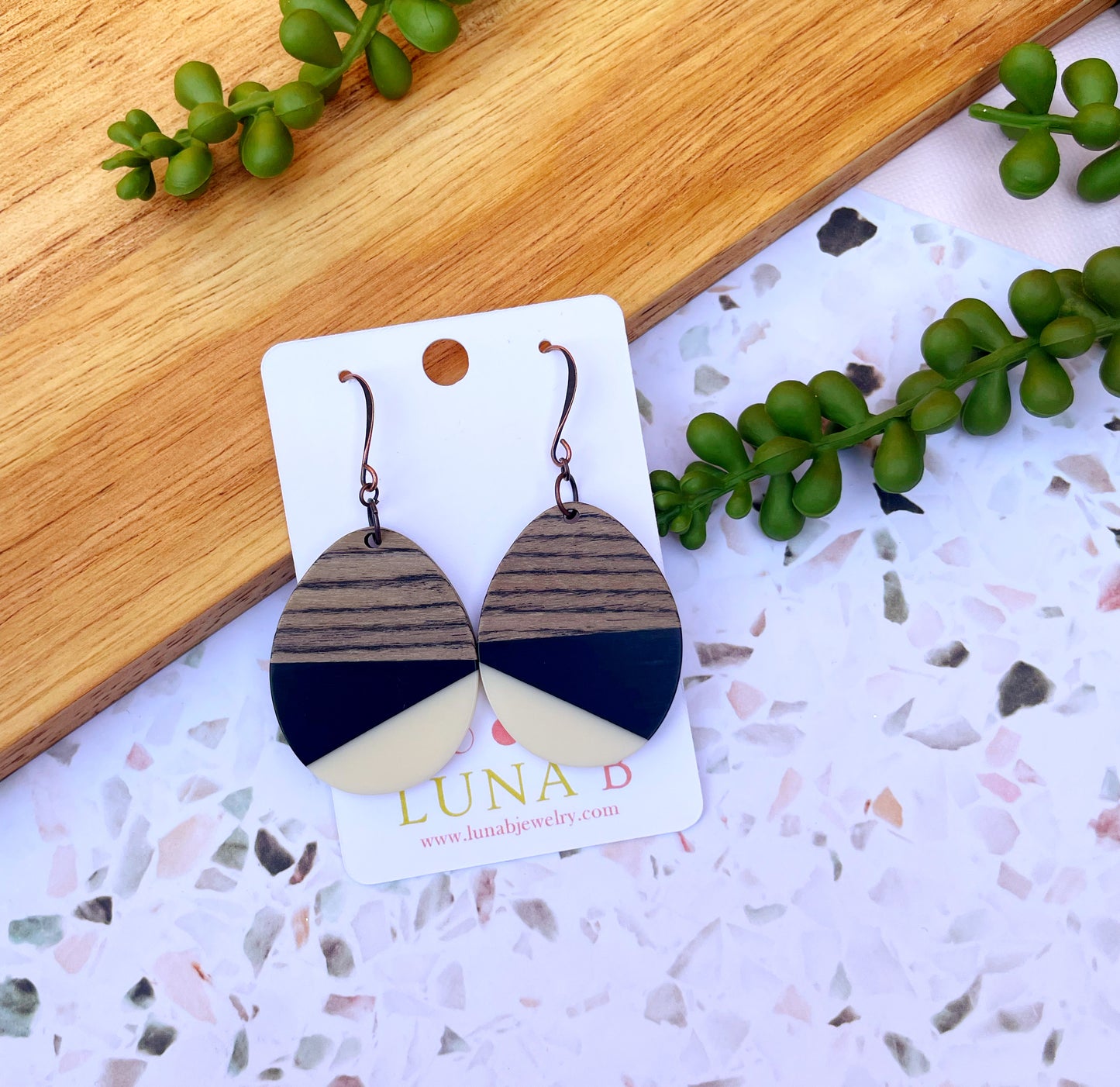 Black & White Wood & Resin Teardrop Earrings