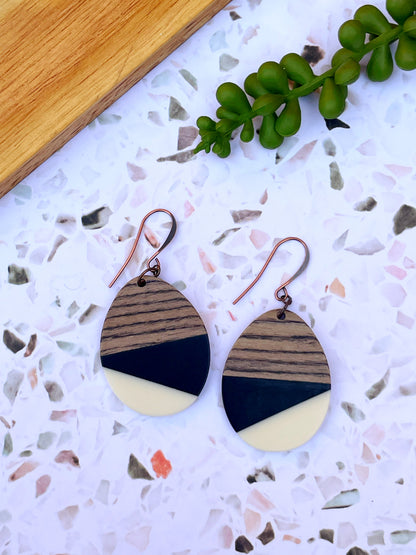 Black & White Wood & Resin Teardrop Earrings