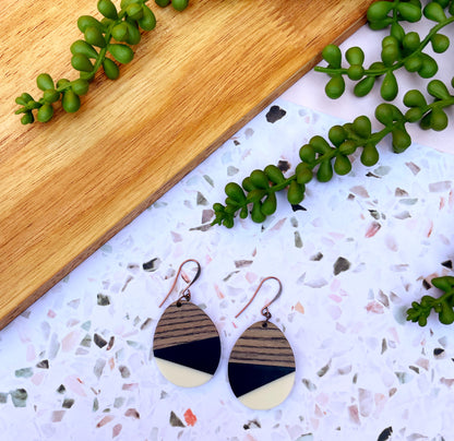 Black & White Wood & Resin Teardrop Earrings