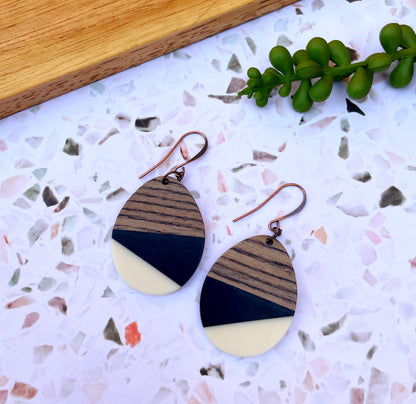 Black & White Wood & Resin Teardrop Earrings