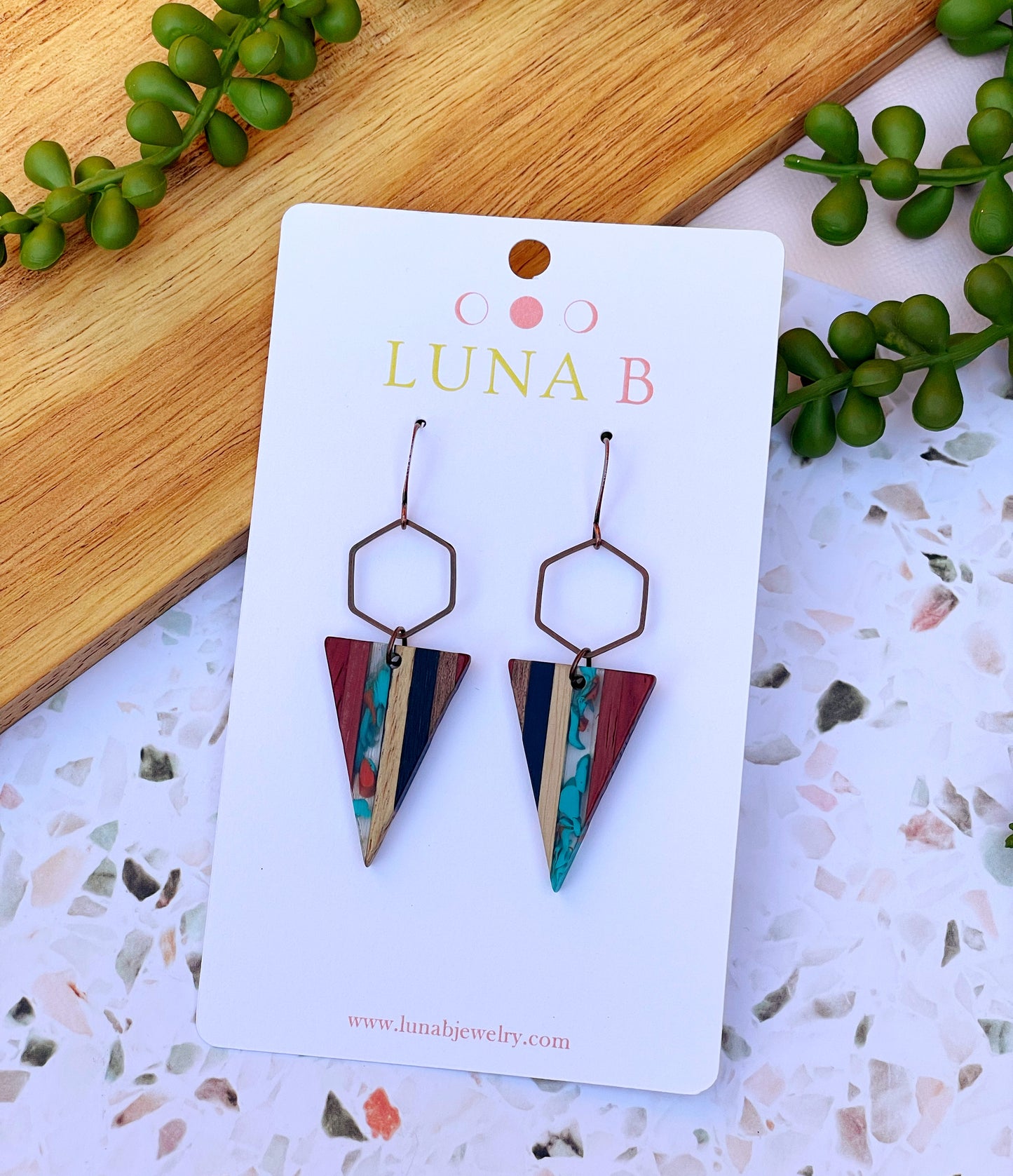 Red + Turquoise Wooden Striped Triangle Earrings