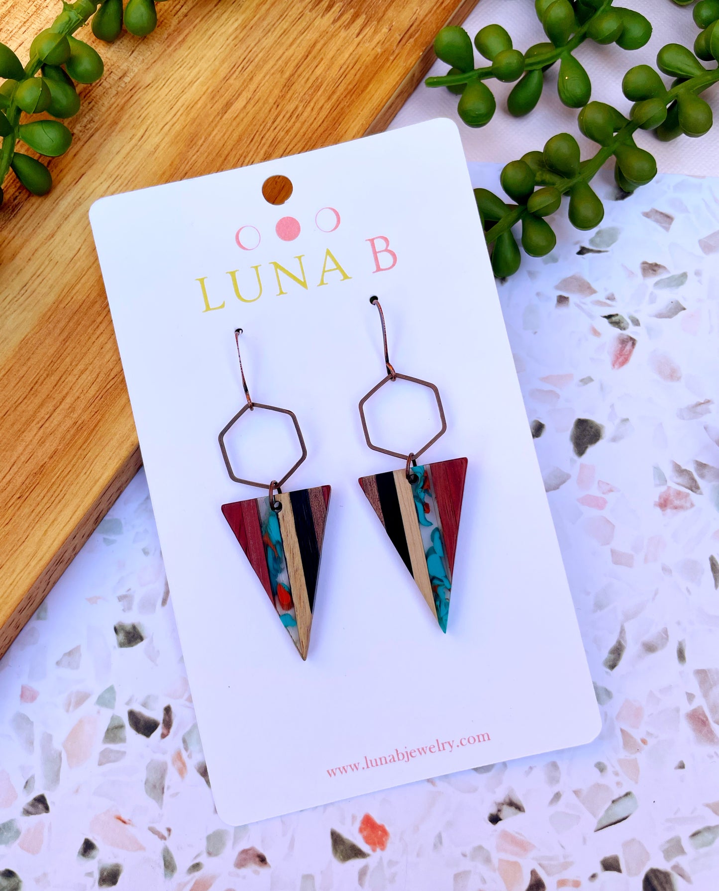 Red + Turquoise Wooden Striped Triangle Earrings